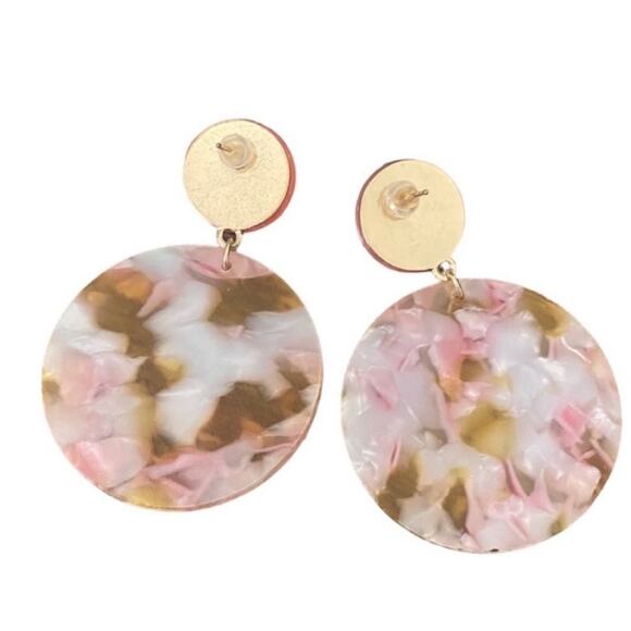 Pink and Brown Acrylic Marble Circle Drop Earrings - Picture 2 of 3